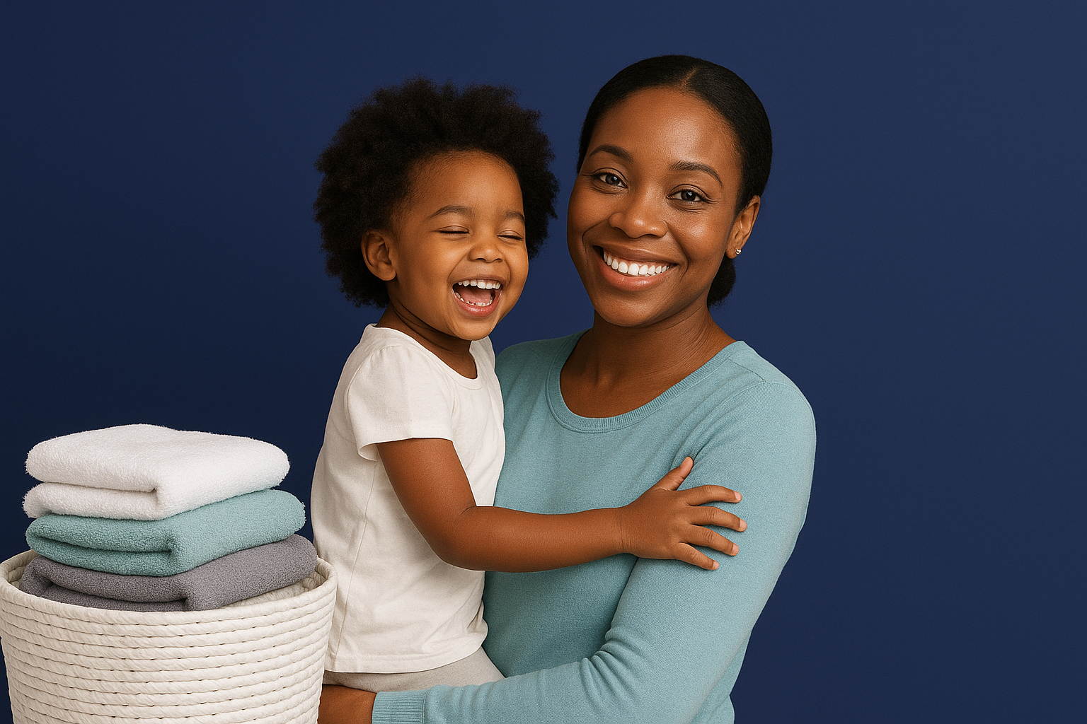 Happy mother and child with clean laundry - representing family care and quality service